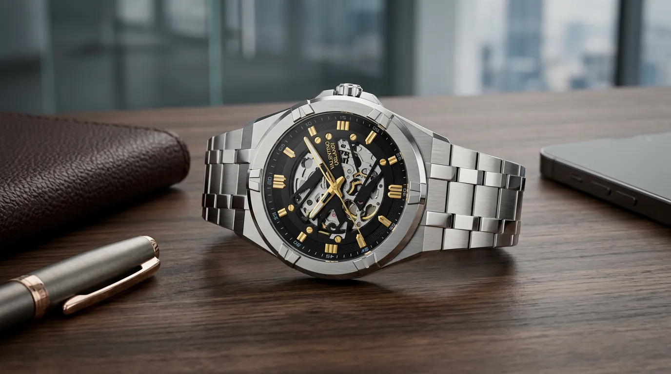 Valentino Orlandi Otomatik Çelik Erkek Kol Saati - Siyah İskelet Kadran Gold Detaylı