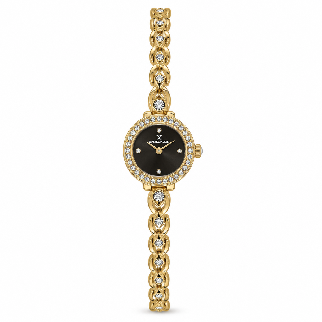 Daniel Klein Swarovski taşlı altın kaplama kadın kol saati, temiz beyaz zemin görseli
